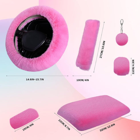 7PCS Set car Interior Aesthetic Accessories, Fluffy 15 inch Steering Wheel Cover, armrest pad, seat Belt Cover,Gear Shift Cover, Fit Girly car Acc...