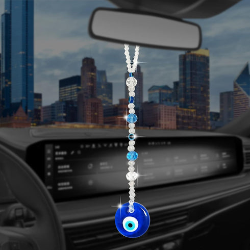 Evil Eye Car Hanging Ornament Crystal Beads Evil Eye Window Pendent for Window Car Door Frame Balcony, Evil Blue Eye Charms Car Mirror Decor, Evil...