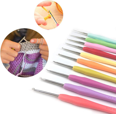 Set of 10 Small Size Crochet Hook Set, Ergonomic Handle Crochet Hook Needles for Arthritic Hands, Thread Crochet Steel Lace Hooks Size 0.5mm to 2....