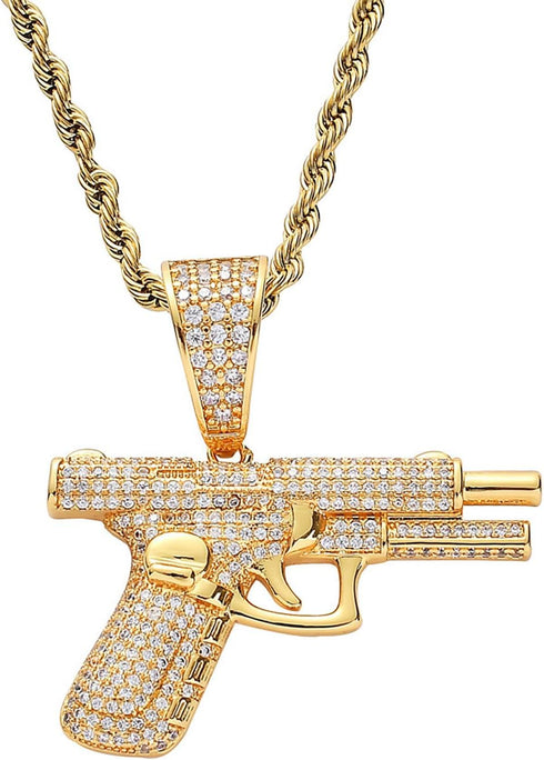 Hip Hop Zircon Pistol Pendant Necklace Stainless Steel Rice Rope Chain Gun Necklace for Men Jewelry Gifts...