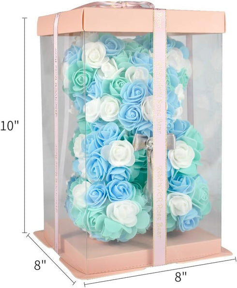 Hand Made Artificial Flowers Rose Bear Pure Color for Valentine Birthday and Mother's Day with a 10" Pink Gift Box (Grey Bow-Tricolor Flower)...