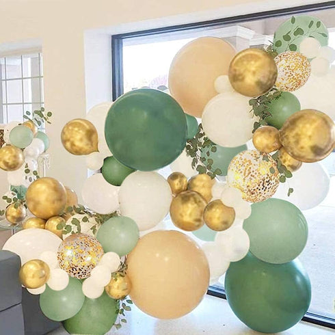 Sweet Baby Co. Sage Green Balloon Garland Arch Kit with Eucalyptus Olive, Peach, White, Gold Balloons and Greenery for Forest Safari Jungle Tropic...