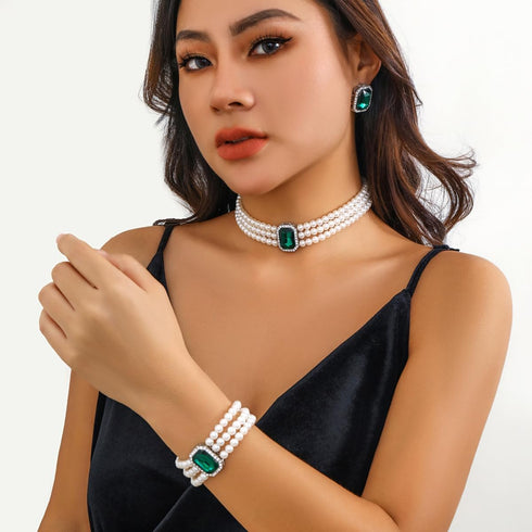 Vintage 4pcs Pearl Gemstone Choker Necklaces Earrings Bracelet Set 1920s Costume Party Pearl Jewelry Multilayer Gemstone Rhinestone Elegant Bridal...