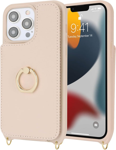 for iPhone 13 Pro Max/iPhone 12 Pro Max Case with Card Holder for Women,Crossbody Strap Lanyard,Credit Card Holder,Ring Stand,Snap Clasp,Wallet Ca...