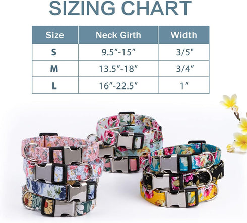 Girl Dog Collar for Small Medium Large Dogs, Cotton Pet Collar, Flowers Daisy and Rose Patterns with Quick-Release Buckle (Rose Blue, M)...