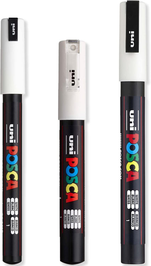 Posca - Ultra Fine to Fine Paint Marker Pens Set - PC-1MR, PC-1M, PC-3M - White Ink - Pack of 3...