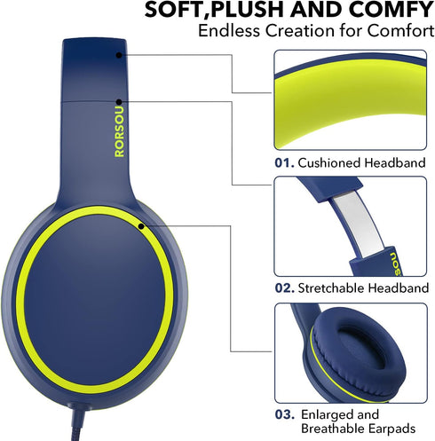 RORSOU R10 On-Ear Headphones with Microphone, Lightweight Folding Stereo Bass Headphones with 1.5M No-Tangle Cord, Portable Wired Headphones for S...