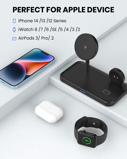 3-in-1 Charger Stand for MagSafe: JoyGeek Wireless Charging Station for iPhone 15/14/13/12 Pro Max Plus Mini, Magnetic Mag-Safe Dock for Apple Wat...