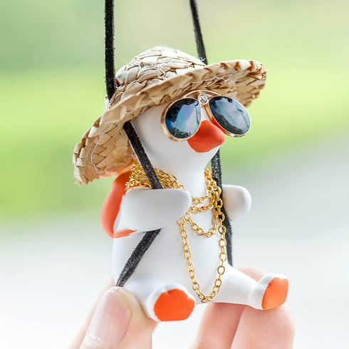 Swinging Duck Car Hanging Ornament, Cute Car Hanging Accessories for Rear View Mirror, Car Pendant Gold Necklace Sunglasses Duck Hanging Swing...