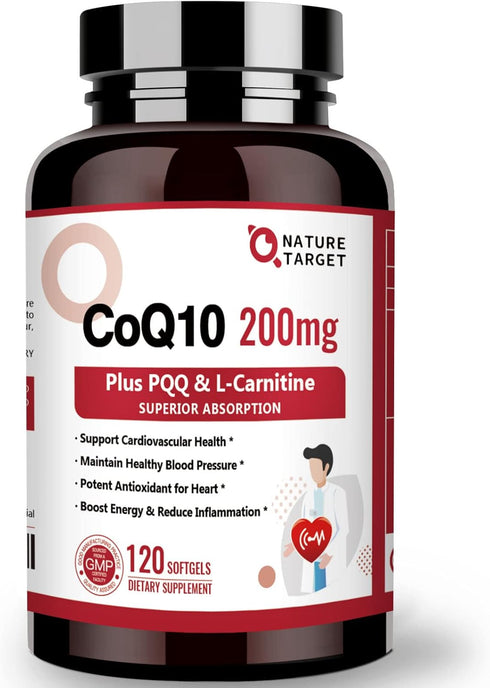 NATURE TARGET CoQ10-200mg with PQQ L-Carnitine & Omega-3s, High Absorption Coenzyme-Q10 with BioPerine, Supports Heart and Immune System, Cellular...
