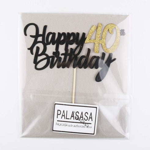 PALASASA Black Gold Glitter Happy Birthday cake topper - 40 Anniversary/Birthday Cake Topper Party Decoration (40th)...