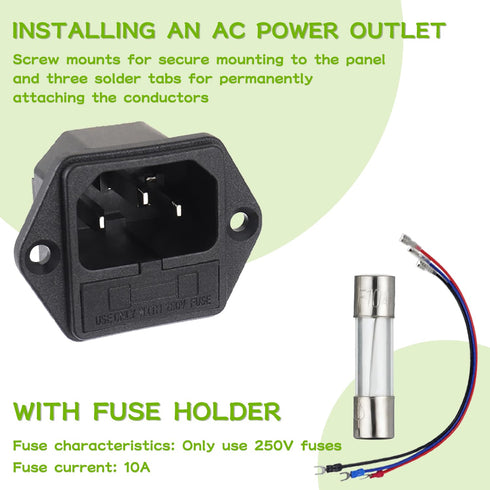 AC 250V 10A 2 in 1 Mount Inlet Module Plug Socket Power Entry Connector Male Blades with 10A Fuse and 18 AWG Extension Cable...