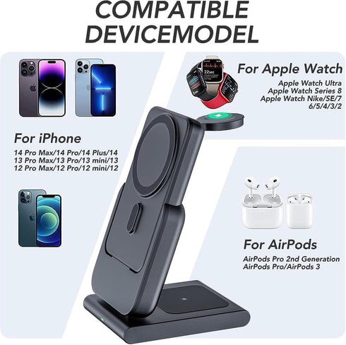 3 in 1 Wireless Charging Station,5000mAh Fast Foldable Portable Charger Battery Pack USB C Power Bank for MagSafe,for iPhone 15 14 13 12 Series/Ap...