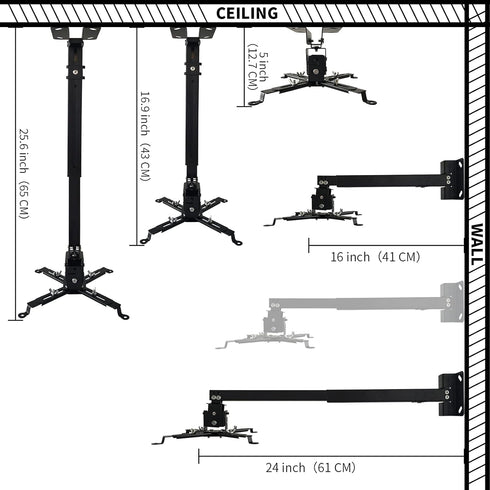 Projector Mount Wall or Ceiling Projection Mount Bracket with Adjustable Height and Extendable Arms Mount for Home and Office Projector...