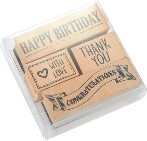 Juvale 4-Piece Rubber Stamps for Card Making - Brown Wood Blocks 3 x 1 in & 1.5 x 1 in - Includes Happy Birthday, Thank You, Congratulations & wit...
