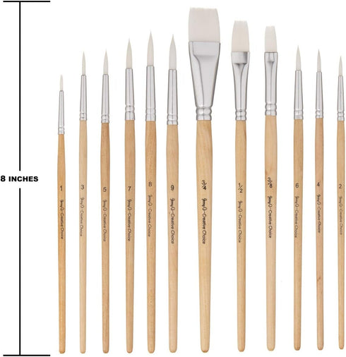 Jerry Q Art 12 PC White Synthetic Hair Round and Flat Paint Brush Set with Short Wood Handle for Acrylic, Watercolor and All Media JQ17931...