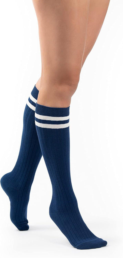 Sirici Knee Socks | 4 Pairs Striped Cotton Knee High Socks For Women | Tube Socks for girls (White w...