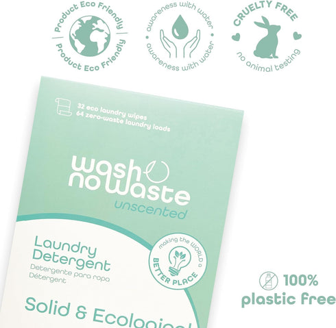 Wash No Waste - Laundry Detergent Strips - 64 Washes - Hypoallergenic, Softening, Powerful Cleaning - Vegan and Cruelty-Free - Plastic-Free - Biod...