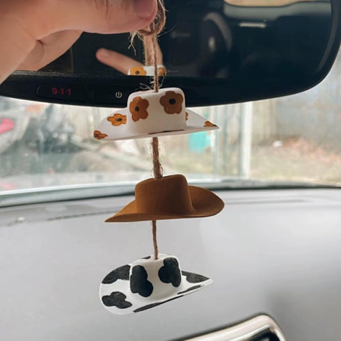 Cowboy Hat Car Charm,Country Rear View Mirror Hanging Accessories,Sunflower Cowgirl hat Cow Print Car Decor,Cute Handmade Felt Mini Hat Ornament P...