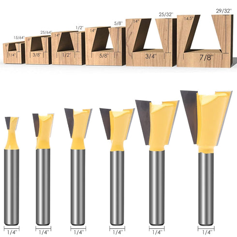 KOWOOD Dovetail Router Bit Set 6 Sizes with 1/4 Inch Shank ,Cutting Dia in 1/4" 3/8" 1/2" 5/8" 3/4" 7/8" Wood Milling Cutter Tool for Making Boxes...