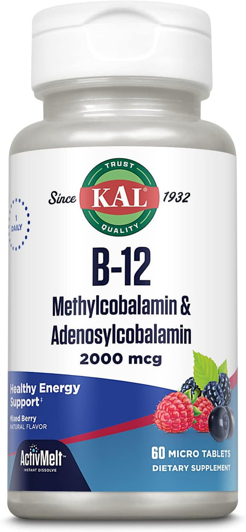 KAL Vitamin B12 Methylcobalamin and Adenosylcobalamin 2000 mcg ActivMelt, B12 Energy Supplements, Metabolism, Nerve, Red Blood Cell Support, High ...