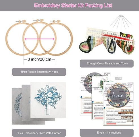 3pcs Embroidery Starter Kit for Beginners Floral Embroidery Kit DIY Material Package with 20cm Bamboo Embroidery Hoop......