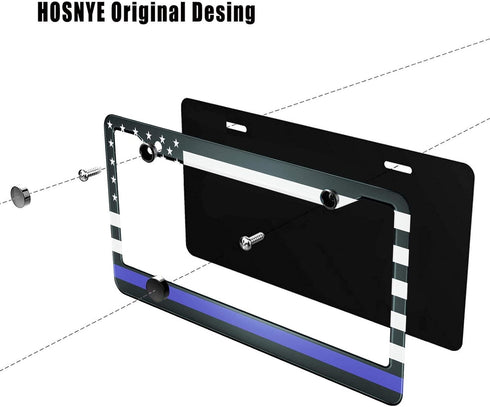 HOSNYE U.S. Police Flag License Plate Frame Stars and Blue Lines Metal License Plate Cover Front Plates Frames Car Tag Frame for Women Men US Vehi...