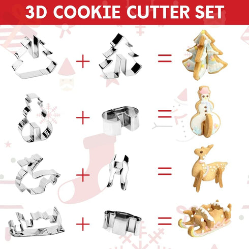 KAISHANE 3D Christmas Cookie Cutter 8 Piece Set Holiday Cookie Biscuit Cutter Set - Snowman Christmas Tree Reindeer and Sled for Kids Christmas Pa...