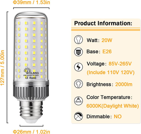 E26 LED Bulb,20W LED Corn Light Bulb 180W Equivalent 6000K Daylight White 2000LM Non-dimmable Flicker Free Ceiling Fan LED Corn Bulb for Indoor Ou...