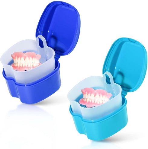 2 Pack Colors Denture Bath Case Cup Box Holder Storage Soak Container with Strainer Basket for Travel Cleaning (Light Blue and Blue)...