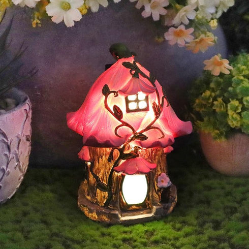 Fairy House Figurine Solar Garden Decor Light,Pink House Courtyard Lawn Decoration Statue for Patio, Balcony, Yard Ornamentunique Garden Decor Gif...