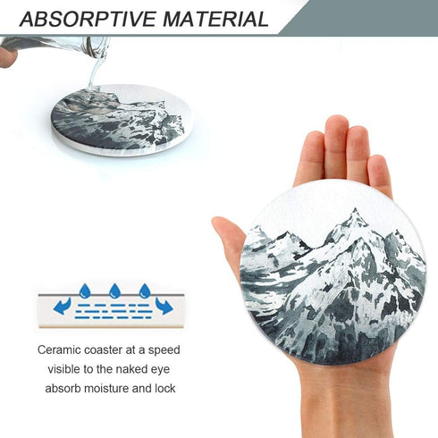 Lahome Mountain Range Coasters - Round Drinks Absorbent Stone Coaster Set with Ceramic Stone and Cork Base for Kinds of Mugs and Cups (Mountain Ra...