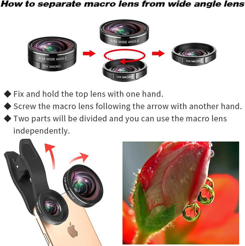 3 in 1 Lens Kit for iPhone and Android, 15X Macro Lens + 0.5X Wide Angle Lens + 230° Fisheye Lens, Phone Camera Lens, Color Black......