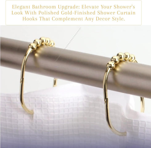 2 Lb. Depot Wide Shower Curtain Rings - Set of 12 Easy Glide Rollers with Decorative Gold Finish - Stainless Steel Shower Hooks for Straight and C...