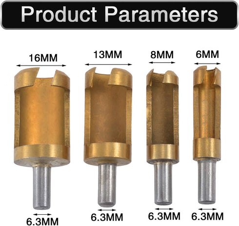 4pcs Wood Plug Hole Titanium Coated Cutter Drill Bits Set 1/4" 3/8" 1/2" 5/8" Cutting Dowel Power Woodworking Cork Hole Saw Tool Round Wood Plug T...