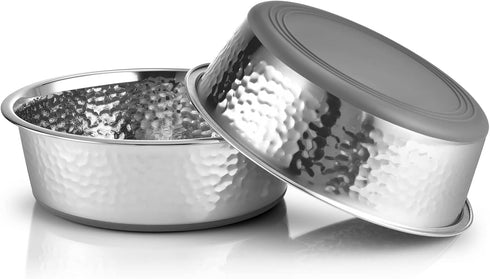 2 Pack Hammered Stainless Steel Dog Bowls, Premium Metal Dog Bowls with Non Slip Rubber Bottom, Dishwasher Safe, Easy to Clean, 4 Cup, Gray Bottom...