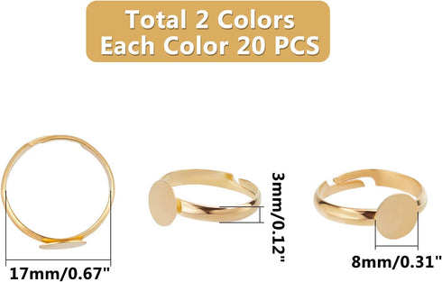 PH PandaHall 40pcs 2 Colors Adjustable Flat Ring Base Blank, Metal Round Finger Ring Trays Ring Blanks with 8mm Flat Base Rings Cabochon Base Beze...