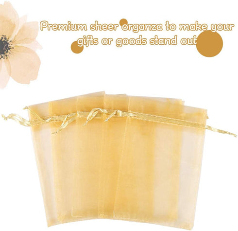 HRX Package 100pcs Gold Organza Gift Bags, 4 x 6 inch Candy Mesh Drawstring Favor Bags Jewelry Pouches for Christmas Wedding Party...