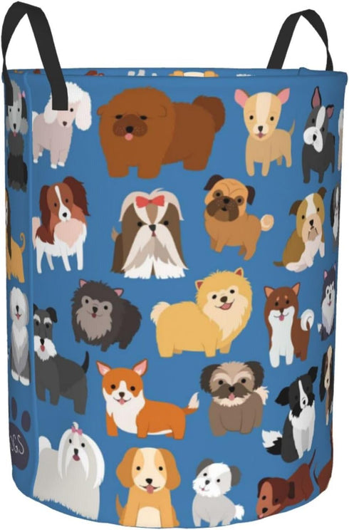 Cute Dogs Blue Round Laundry Hamper Storage Basket Toys Clothes Organizer Bin For Home Bathroom Bedroom Dorm Nursery, 38l...