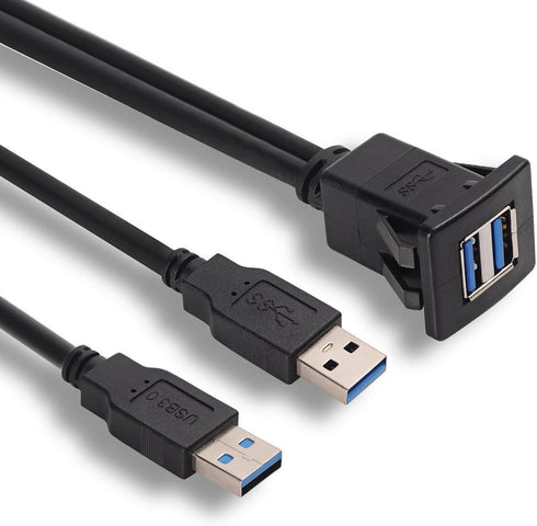 USB Flush Mount Cable, 1 Meter 3ft Dual USB 3.0 Ports Panel Mount, Dash Mount, Flush Mount Extension Cable for Car Boat Motorcycle or Other Surfac...