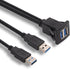 USB Flush Mount Cable, 1 Meter 3ft Dual USB 3.0 Ports Panel Mount, Dash Mount, Flush Mount Extension Cable for Car Boat Motorcycle or Other Surfac...