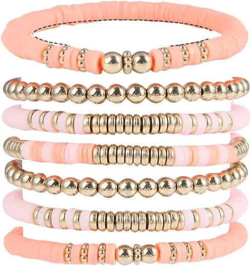 Pingyongchang Heishi Gold Beaded Bracelets Set for Women Men Bohemian Polymer Clay Colorful Surfer Vinyl Disc Stretch Layering Stackable Friendshi...