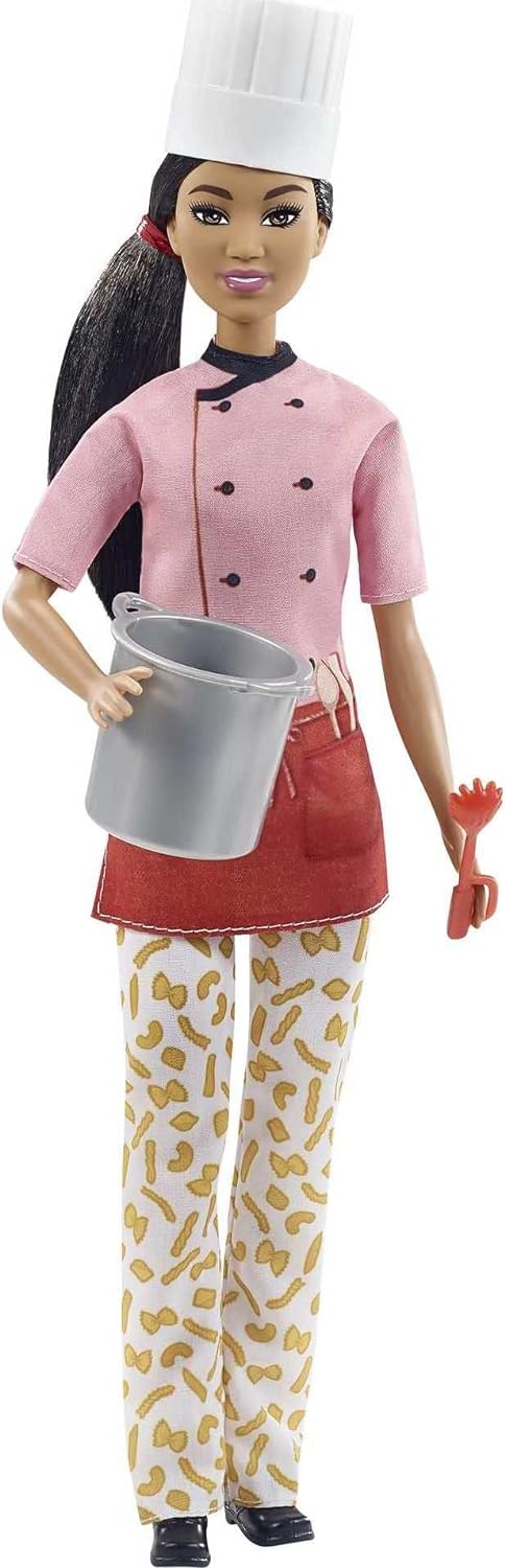 Barbie Pasta Chef Brunette Doll (12-in) with Colorful Chef Top, Macaroni Print Pants, Chef Hat, Pasta Pot & Pasta Cutter Accessories, Great Gift f...