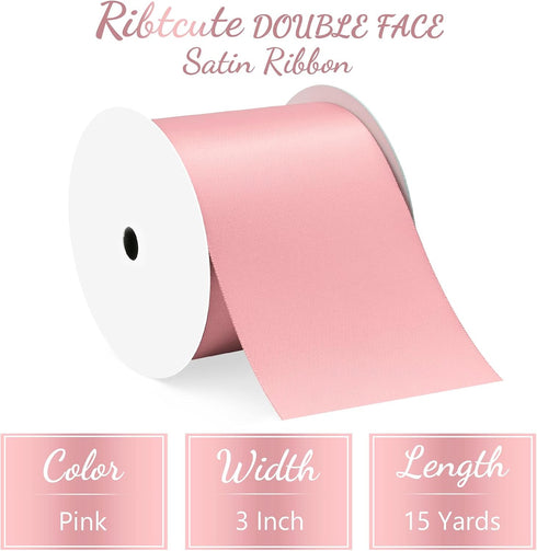 Pink Satin Ribbon 3 Inch x 15 Yards Double Face Wide Large Silk Satin Ribbon for Wedding, Ceremony Kit Decoration, Chair Sash, Gift Wrapping, Craf...