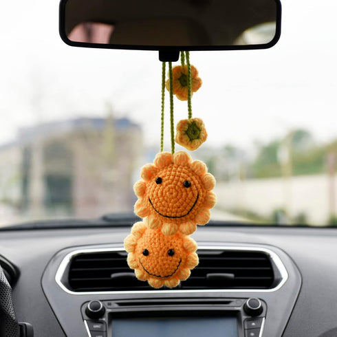 Car Interior Rear View Mirror Ornament Hanging Accessories Handmade Aesthetic Decor Crochet Sunflower Plant, 2 PCS...