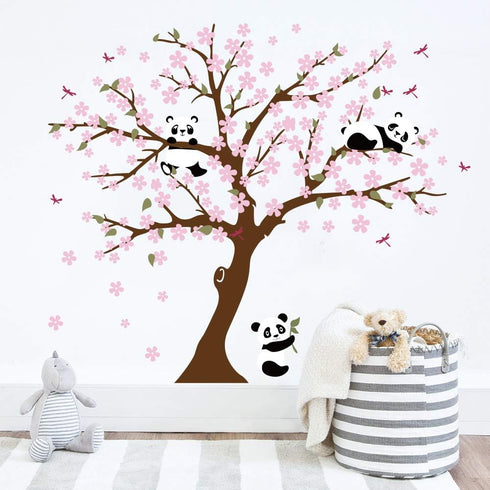 Runtoo Panda Wall Decal - Cherry Blossom Wall Art Stickers for Living Room & Bedroom...