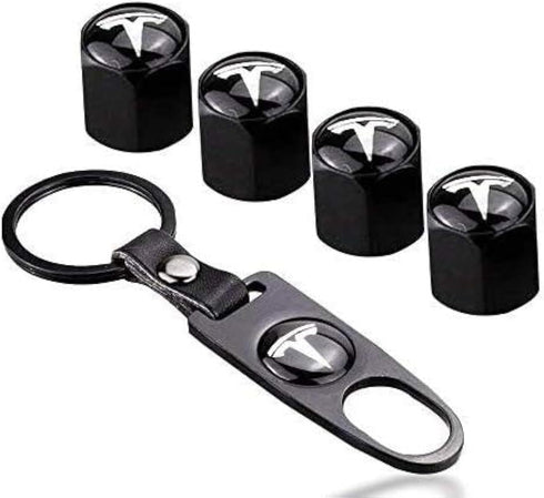 Universal Car Wheel Tire Stem Air Cap Cover, Valves Anti-Theft Aluminum Alloy Guard with Wrench Keychain Compatible with Tesla Model X S 3 Y...