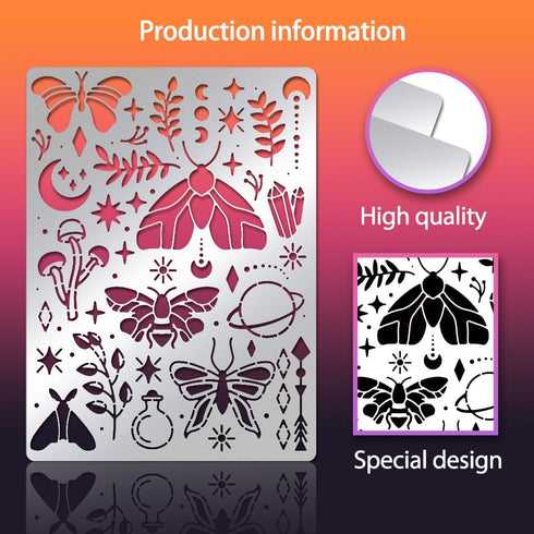 BENECREAT Magical Moths Stencil, Butterfly Mushroom Leaf Templates Stencil for Engraving Wood and Patterns, Lettering, Stainless Steel Journal Ste...