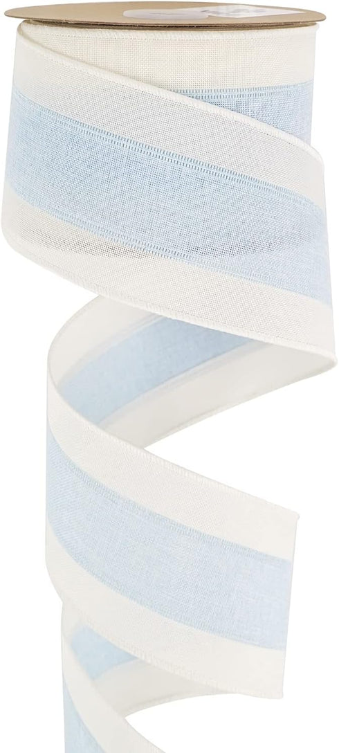MEEDEE Blue and White Stripe Ribbon Blue White Ribbon Blue Wired Ribbon 2.5 Inch Light Blue Burlap Ribbon with Ivory Stripe Edge Blue Wired Christ...