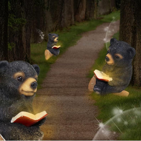 Sitting Bear Tree Hugger with Solar LED Light, Baby Bear Reading Book Garden Statue, Resin Animal Figurine Outdoor Decor, Yard Art Sculpture for L...